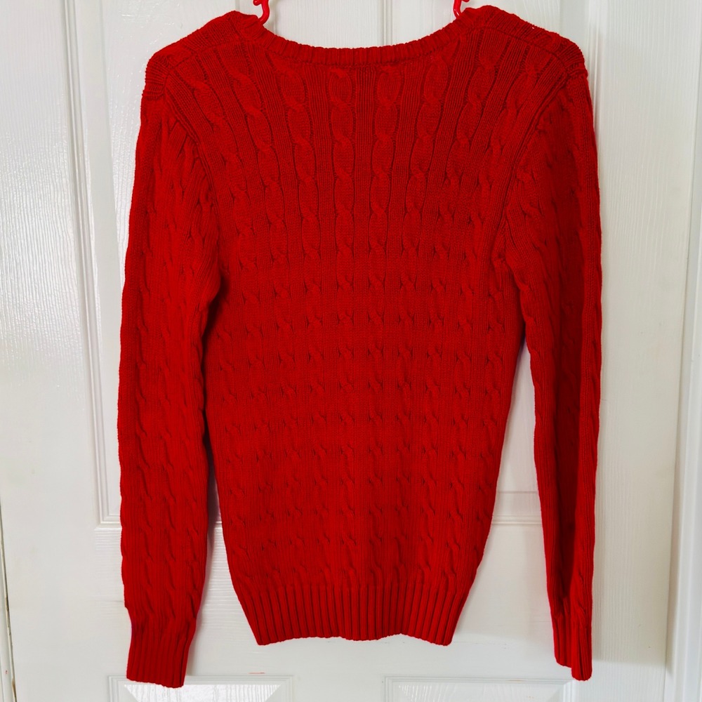 Ralph Lauren Women's Red Cable Knit V-Neck Cotton Sweater Slim Fit Womens Medium - Picture 4 of 4